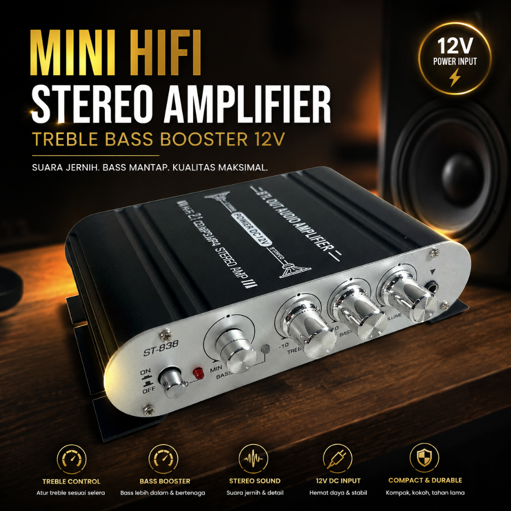 LVPIN Mini HiFi Stereo Amplifier Treble Bass Booster 12V