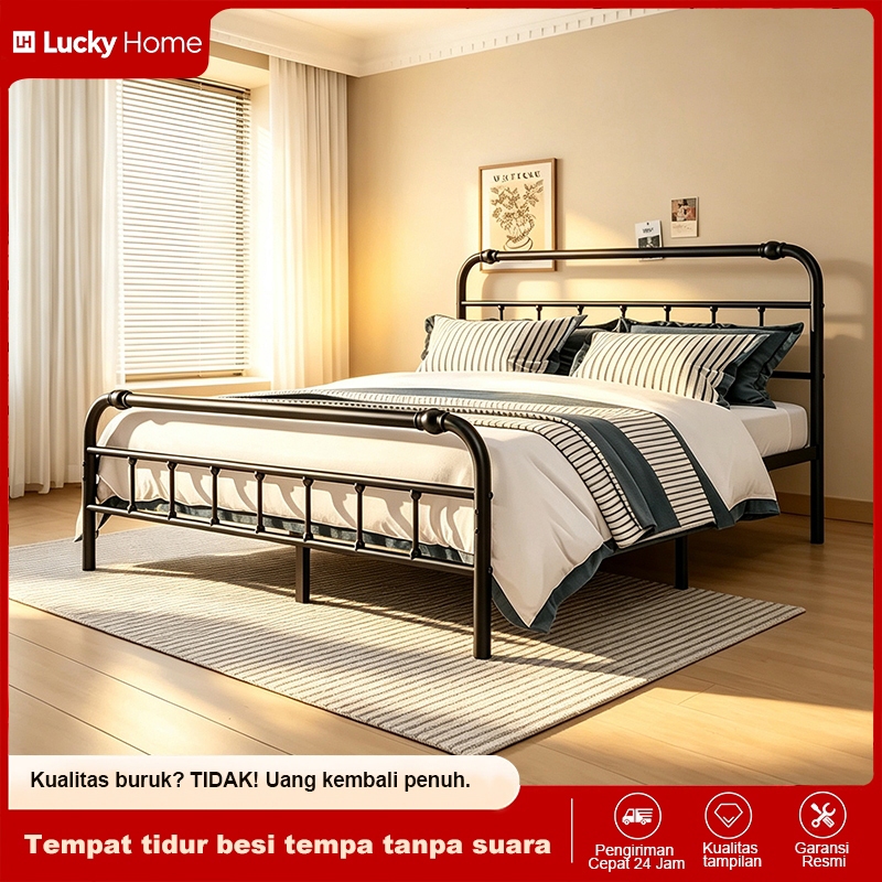 Ranjang Besi Hitam Anti Karat Muat 300kg Tempat Tidur Besi Kokoh Dewasa Mudah Pasang Bongkar Free On