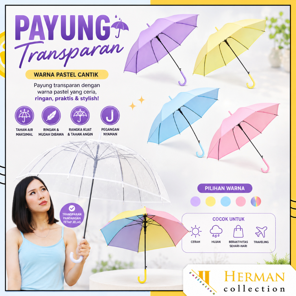 HC Payung Transparan Style Korea Jepang Polos Warna Warni Payung Lipat Bening Cantik Payung Rainbow 