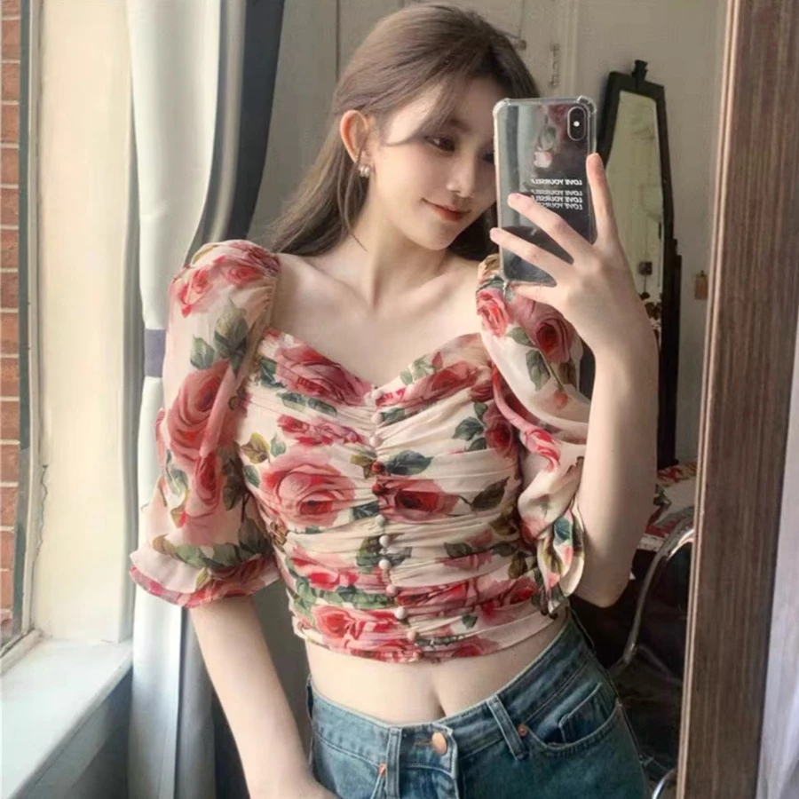 Blouse Crop Motif Bunga Import - Korean Style Atasan Floral Kerut Dada Lengan Balon Chiffon Square N