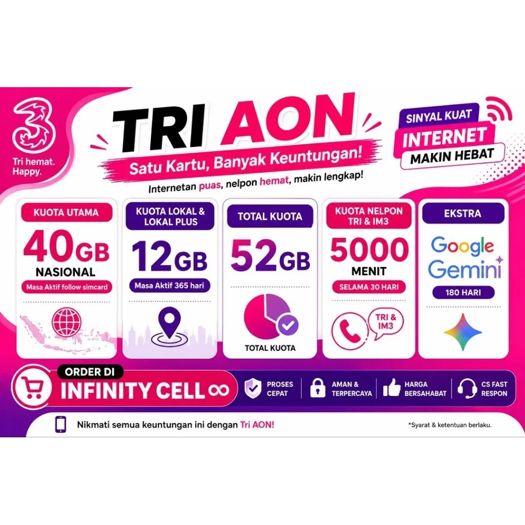Paket Data Tri AON 52GB - Kuota Besar, Masa Aktif Panjang
