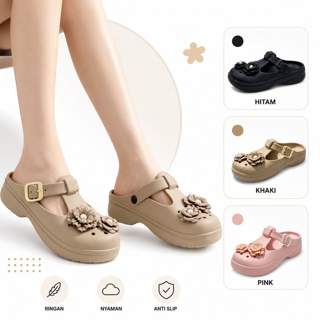 Gosome 235 Sandal Clogs Wanita 36-41 Wedges Balet Motif Bunga Fashion Kekinian Nyaman