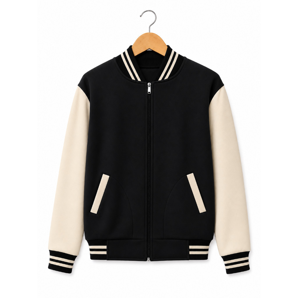 HEDON STATE Jacket Varsity Baseball Kancing Polos Fleece Unisex Simpel Hitam Cream
