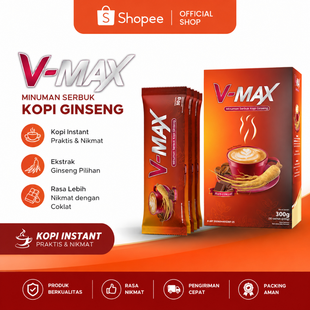 V-MAX Kopi Ginseng Instan 300g | Kopi Krimer Coklat Sachet Praktis & Nikmat