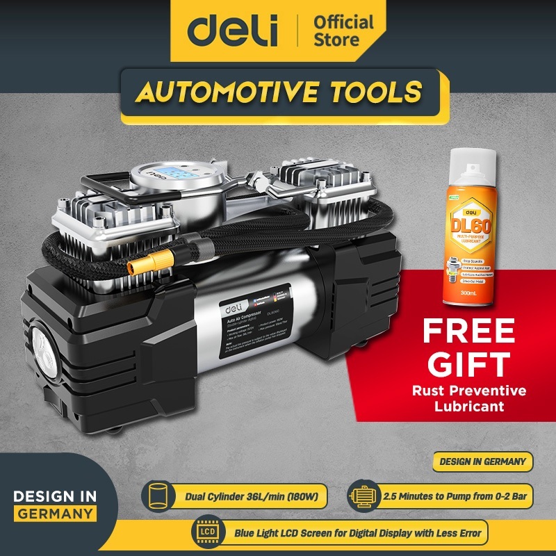 Deli Kompresor Angin Mini Digital Silinder Ganda Otomatis 180W DL8060