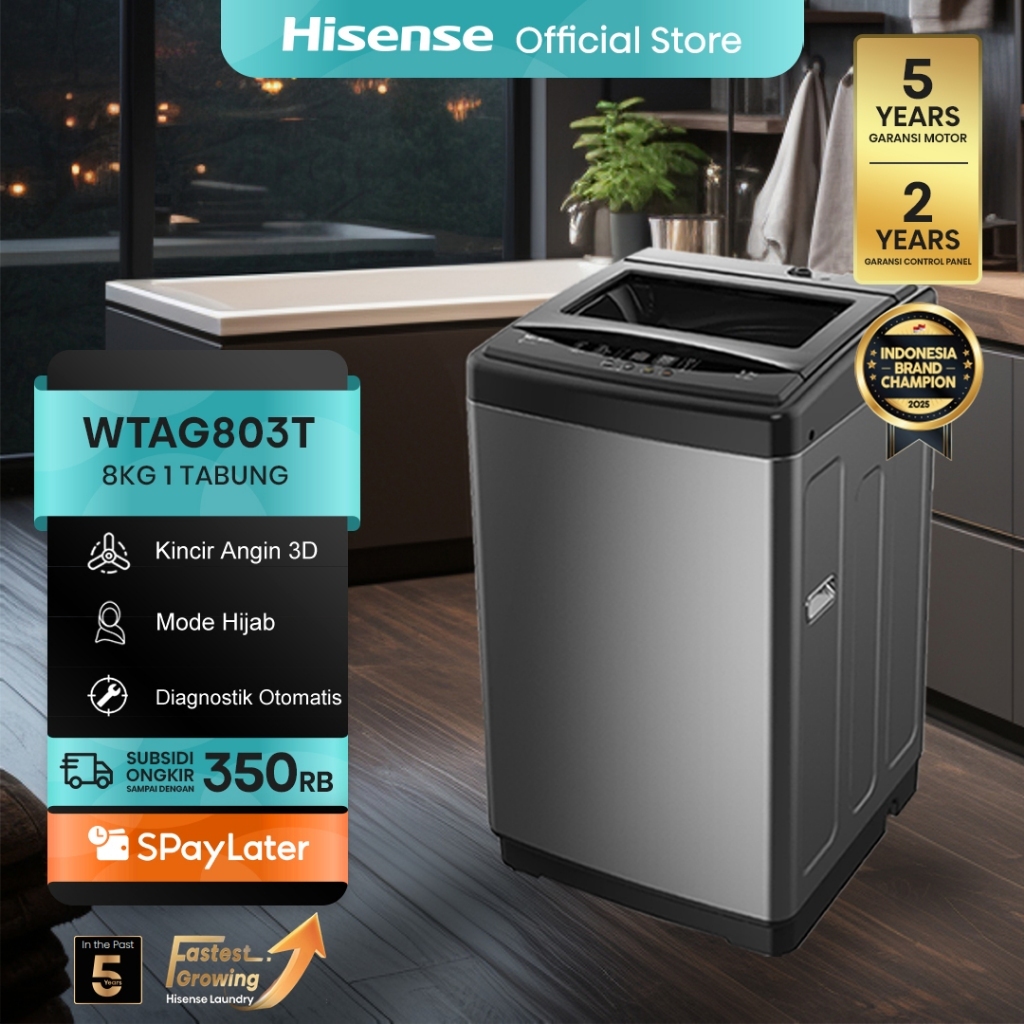 Hisense-Mesin Cuci 1 Tabung Top Loading 8KG-WTAG803T-3D Windmill Impeller-Solid Glass Door-Tub Clean