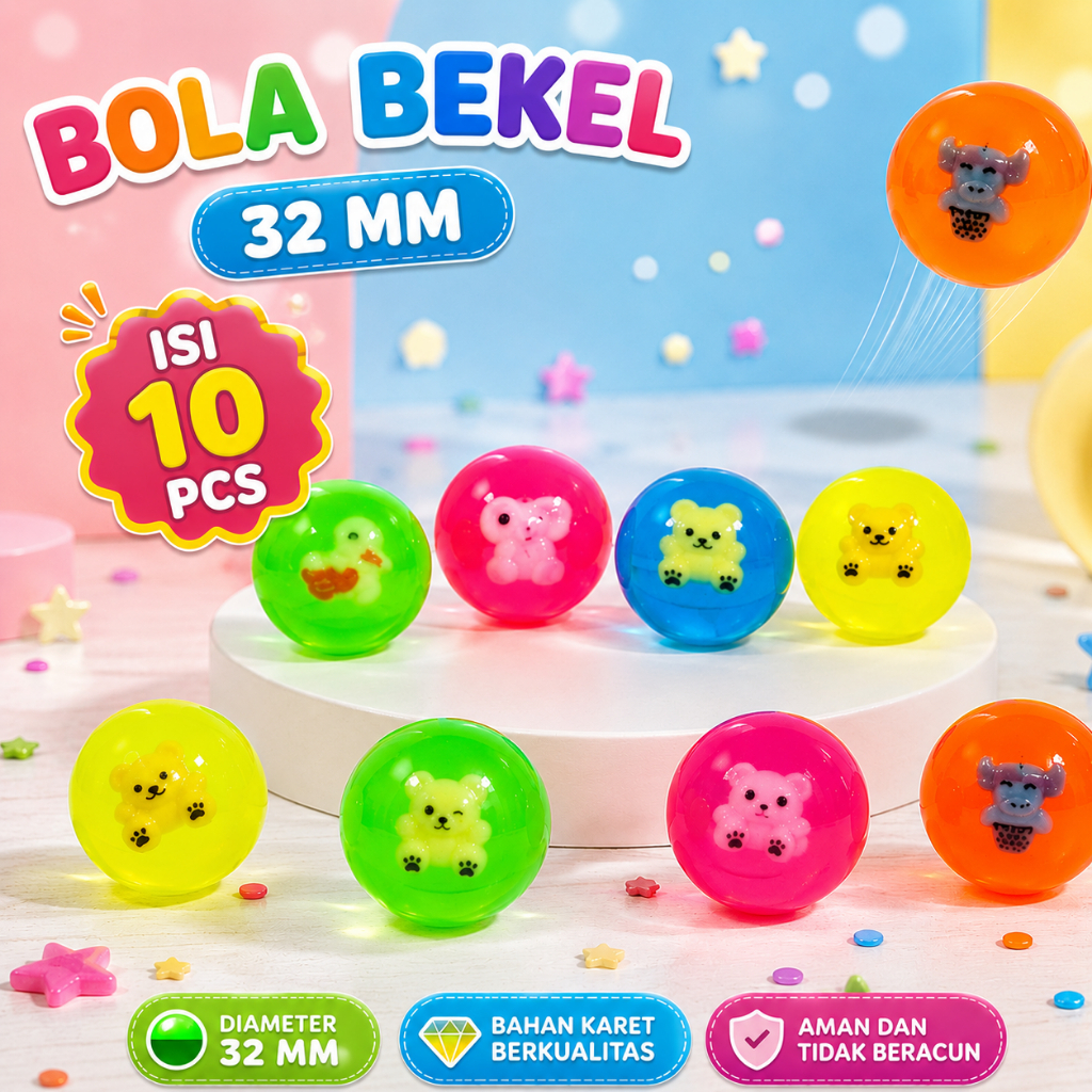 GROSIR ISI 10 PCS MAINAN ANAK BOLA BEKEL KARET UKURAN 32MM MIX COLOR (TANPA BIJI BEKEL)