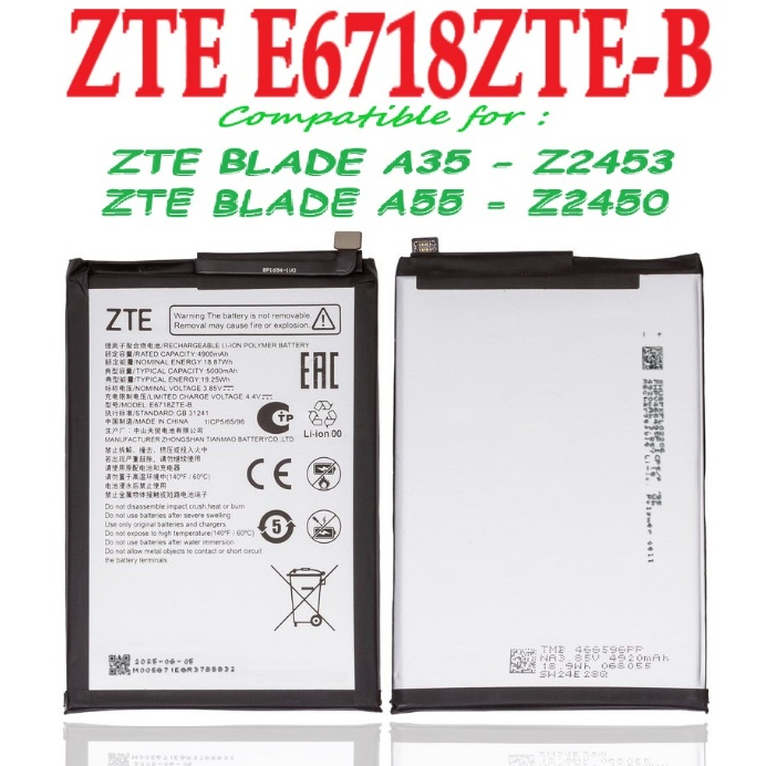 Baterai ZTE E6718ZTE-B 5000MaH Batre Blade A35 E6718 A55 Battery Original Copotan