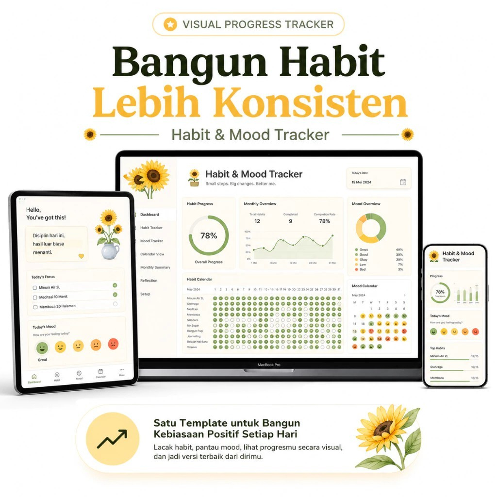 Habit & Mood Tracker SpreadSheets - Template Habit Estetik Sunflower | Progress Tracker & Mood Track