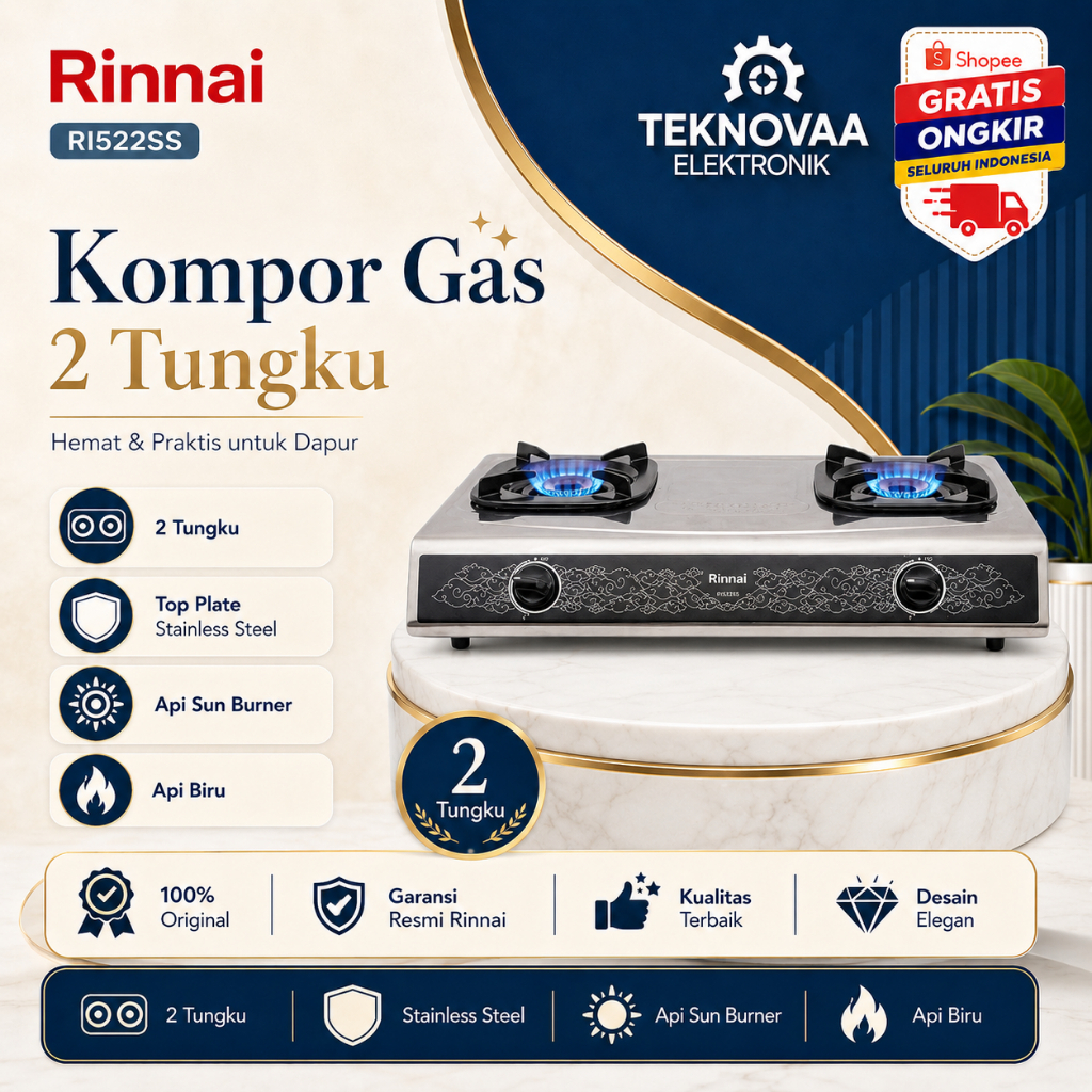 RINNAI KOMPOR GAS RI522SS 2 Tungku/RI-522SS/RI 522SS/ Api Sun Bunner/RI 522SS/Kompor Bergaransi Ori
