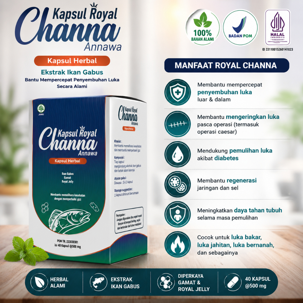 Royal Channa Annawa Kapsul Herbal Ikan Gabus 50 Kapsul 500mg | Gamat Royal Jelly | BPOM & Halal