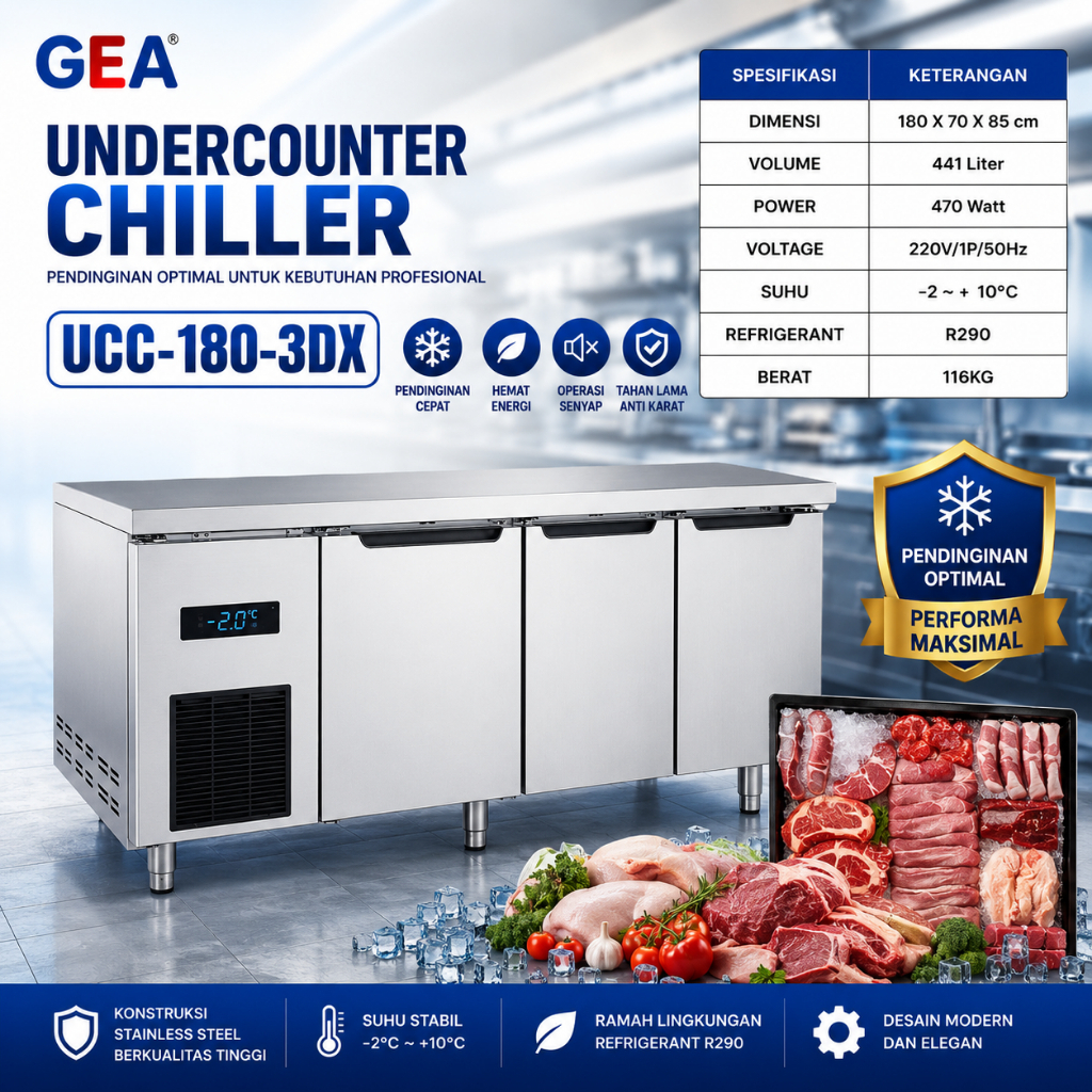 GEA CHILLER STAINLESS STEEL 3 PINTU / UNDERCOUNTER CHILLER GEA UCC-180-3DX