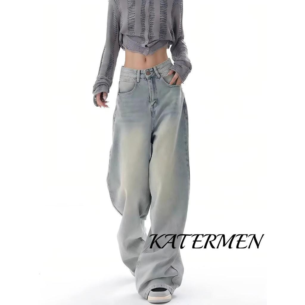 KATERMEN Jeans Ukuran Besar-Jeans biru-Jeans wanita-Jeans longgar kaki lebar-Jeans pinggang tinggi