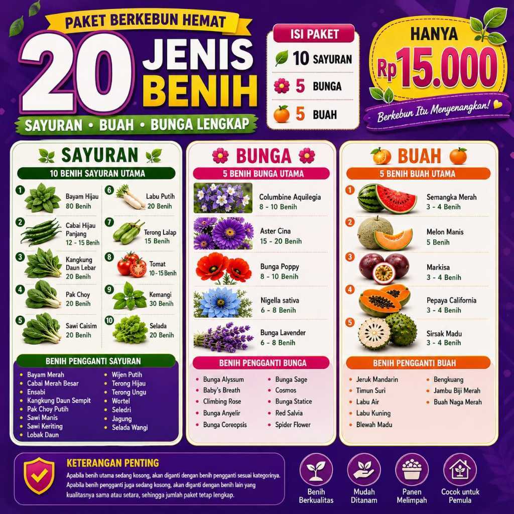 PAKET 20 JENIS Benih Biji Bibit Tanaman Sayuran Buah Bunga Lengkap / Bibit Sayur Murah Pemula COD