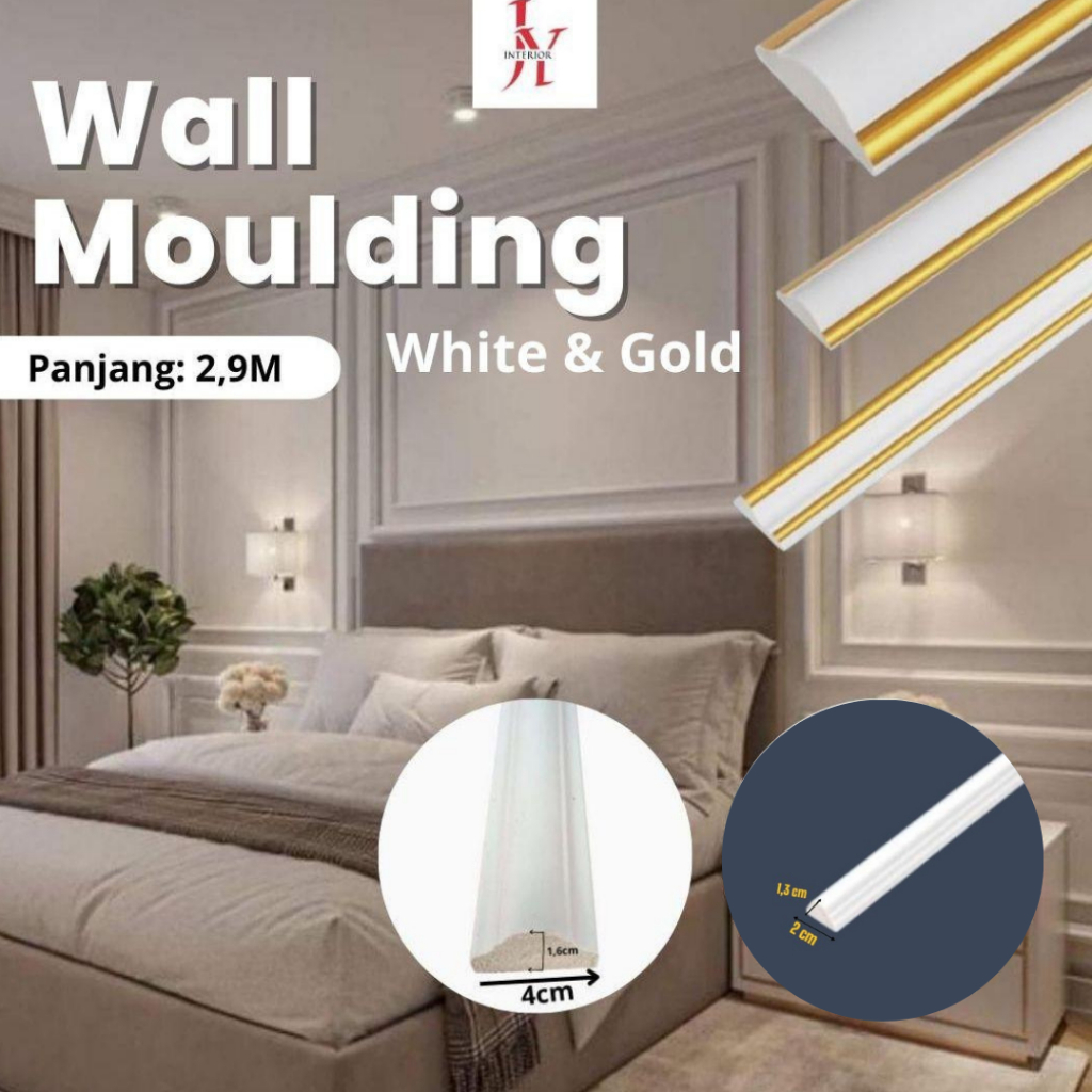 WALLMOULDING WHITE & GOLD | Wainscoting Dinding Profil | 290CM