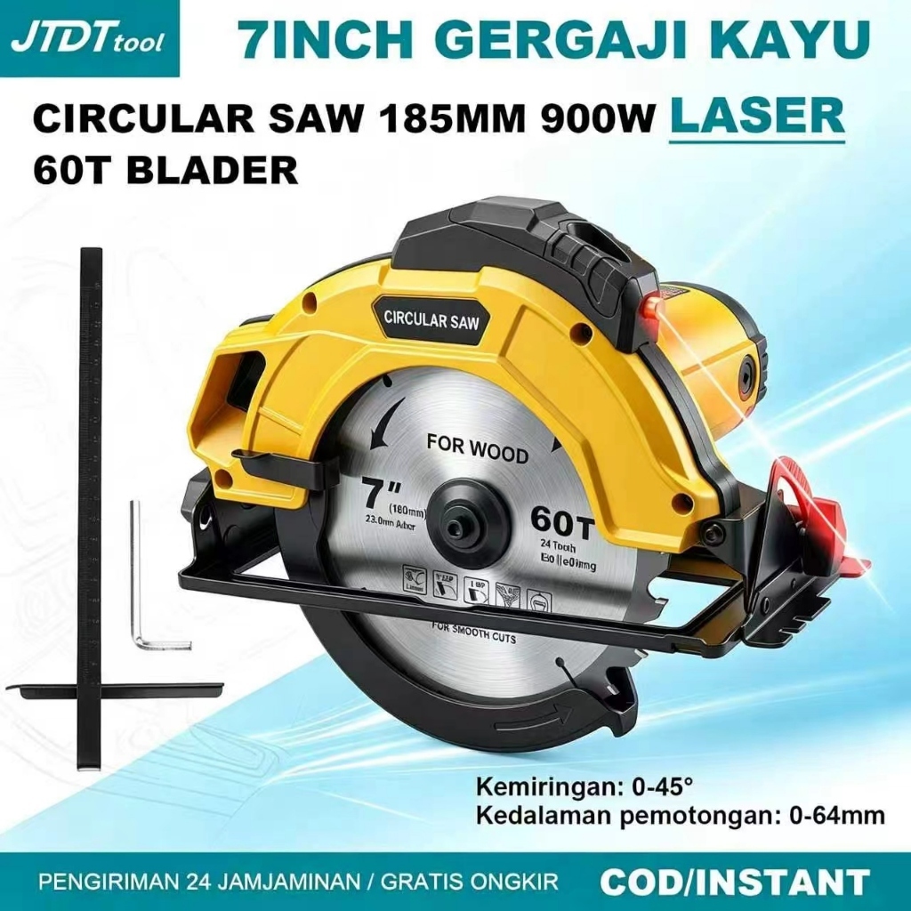 JTDT Mesin Gergaji Sirke Potong Kayu 7" 60T JD1853 Circular Saw 1050W