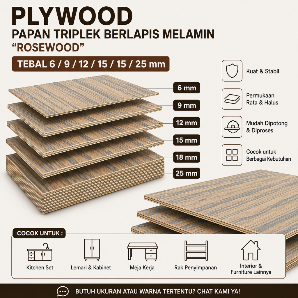 Triplek Multiplek Plywood "ROSEWOOD" lapis melamin 1 lembar- papan kayu furniture Interior DIY KETEB