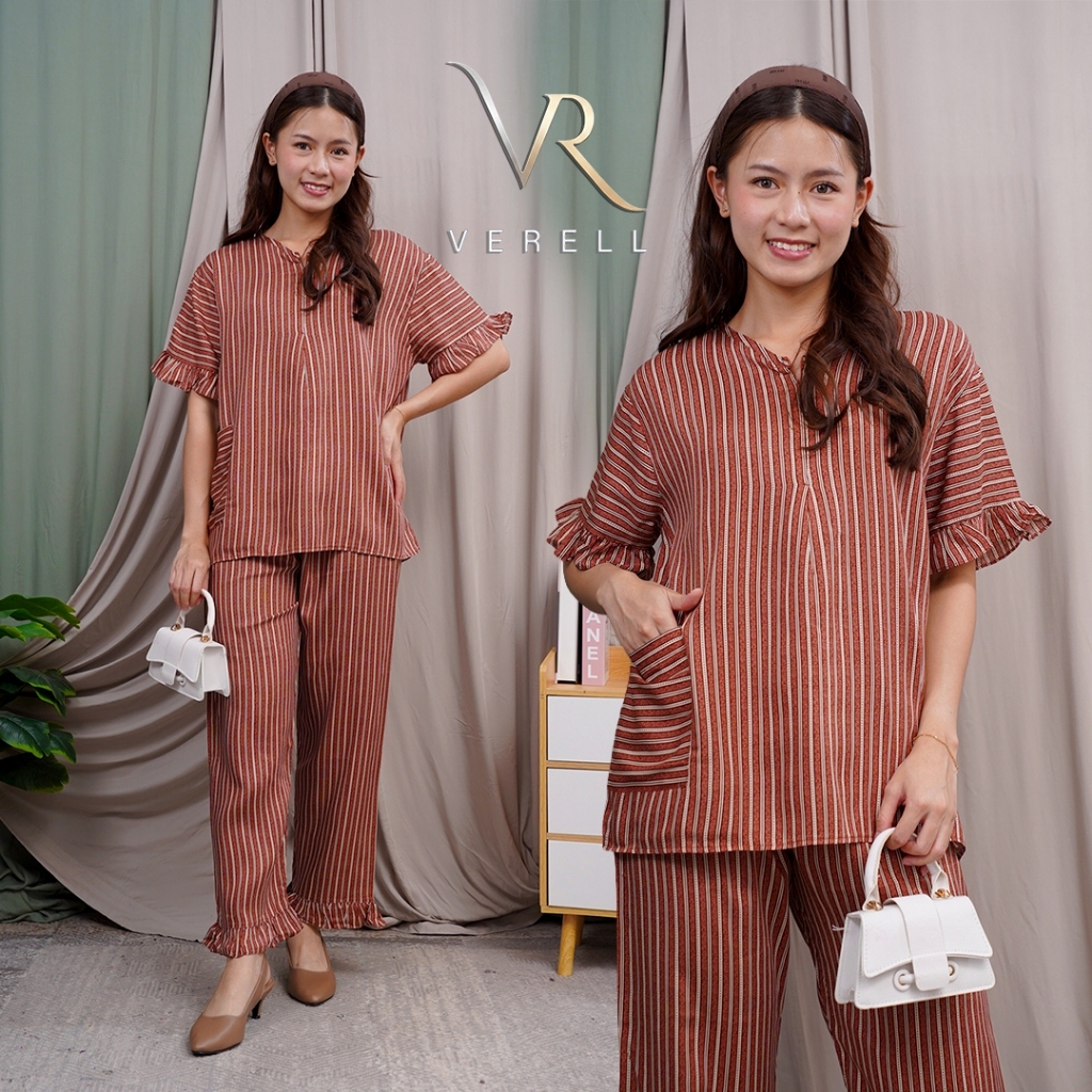 Baju Tidur Piyama Wanita Lengan Pendek Motif Kekinian  Garis Salur Merah Bata