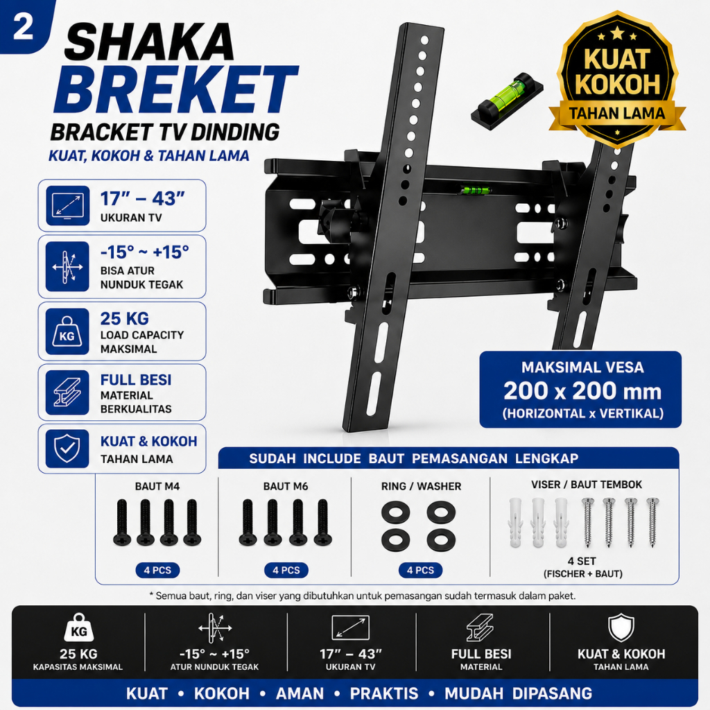 Bracket TV TCL 14–43 Inch Universal TV Wall Mount Full Besi Anti Goyang Include Waterpass