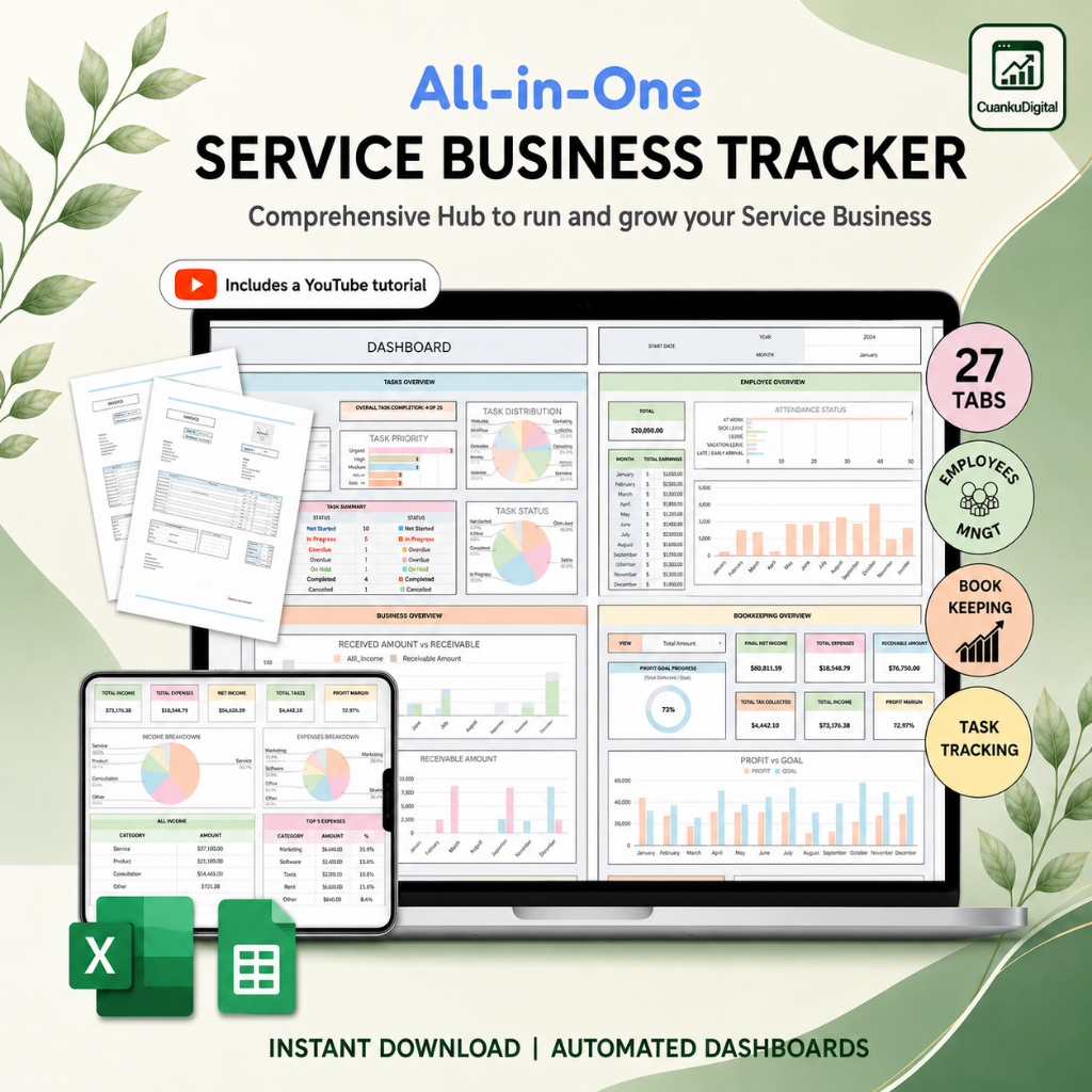 Template Pembukuan Usaha Jasa, Invoice, Klien, Order, Task Tracker, Spreadsheet Otomatis Lengkap Pro
