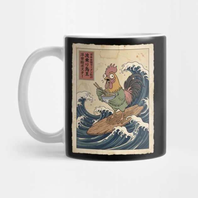 Surfing Rooster Ramen Japanese Great Wave Art - Rooster Chicken Tea Mug