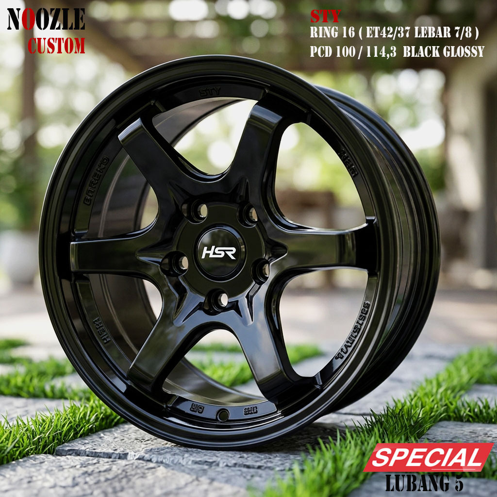 Velg Mobil Ring 16 Palang 5 Lubang Baut 5 Single PCD Warna Pelek Black Glossy HSR Type STY
