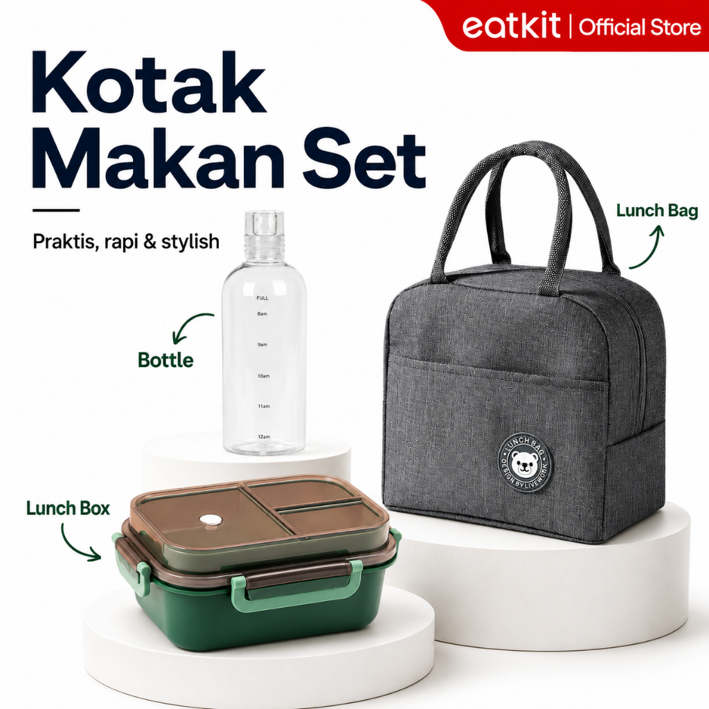 Eatkit Bundle Kotak Makan Set Lunch Box 3 Sekat Anti Tumpah Kotak Bekal Susun Free Sendok Garpu