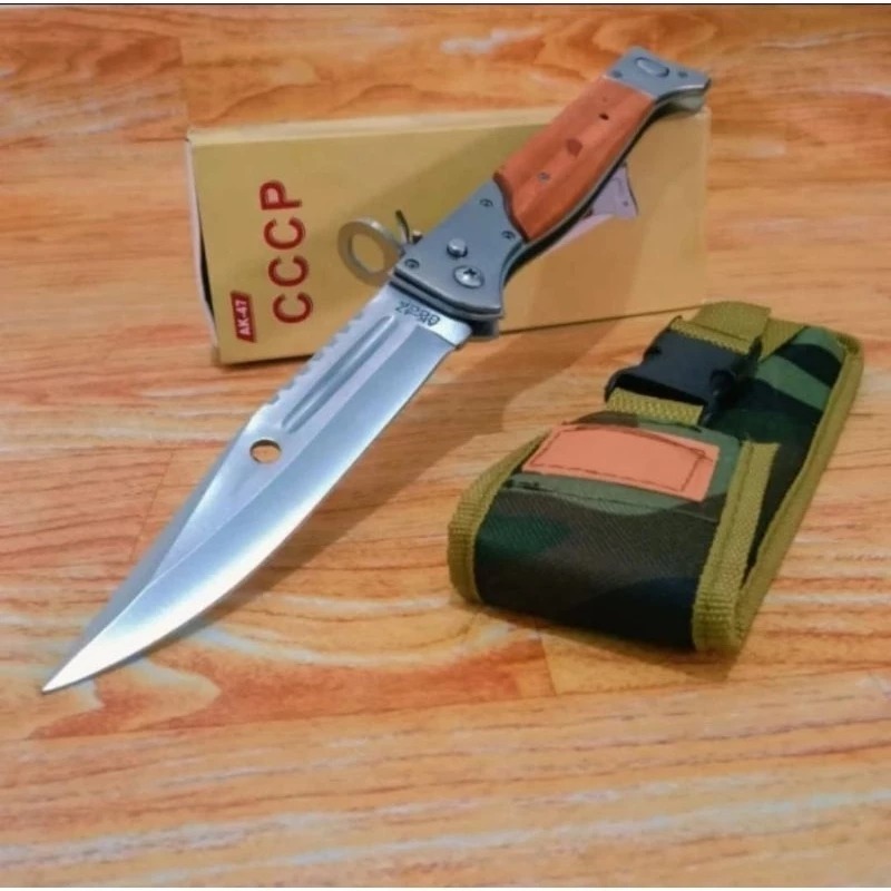Pisau Lipat AK47 Survival Tactical - Gagang Kayu + Sarung Outdoor Multifungsi