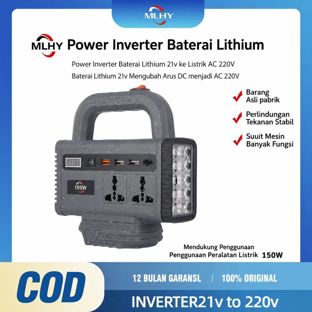 MLHY Inverter Portabel 150W DC21V AC220V, ada lampu LED darurat Mini Smart Inverter 3 Port USB, Deng