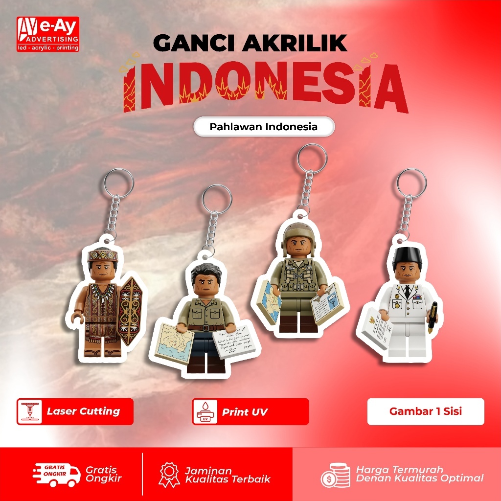 GANCI MURAH Premium Acrylic Keychain Tahan lama – Pahlawan Kemerdekaan Indonesia 17 Agustus 1945 Leg