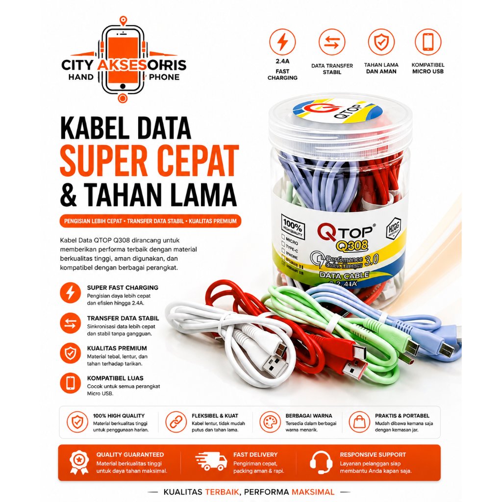 Kabel Data Qtop Type c ECER Bulat Kabel Charger Casan Qtop Bulat Usb C