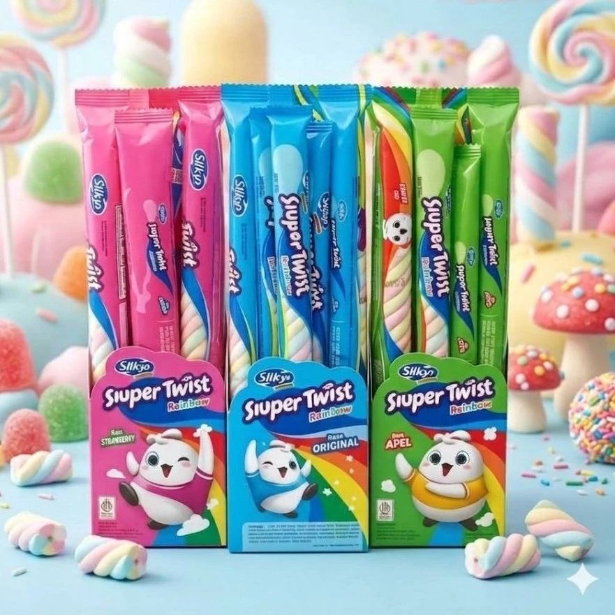 Marshmallow Siuper Twist Rainbow Harga 1pcs ecer bentuk kepang panjang 3 varian rasa original apple 