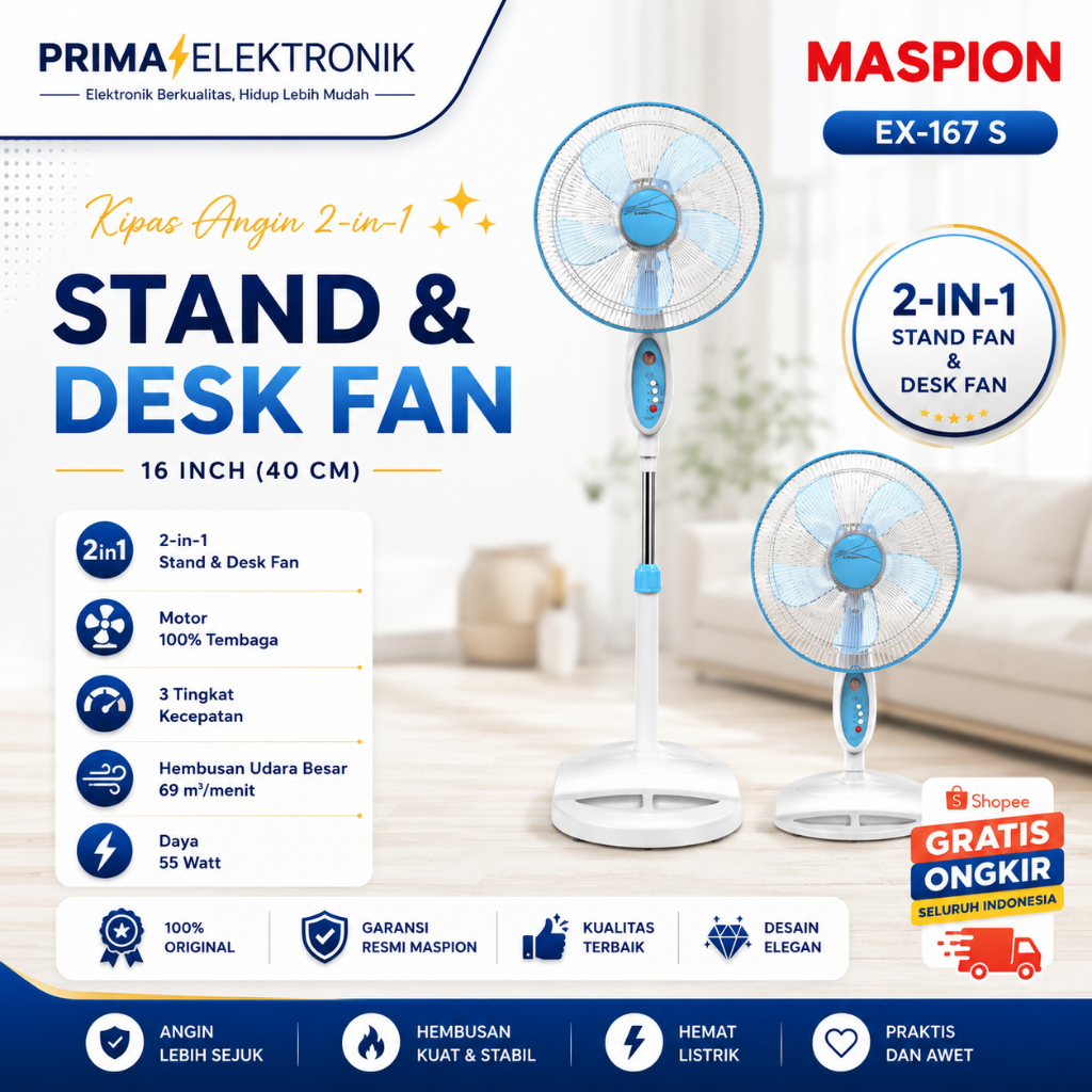 MASPION KIPAS ANGIN EX 167 S STAND FAN KIPAS BERDIRI/EX167S/EX-167S/EX-167 S/EX 167S/ORIGINAL