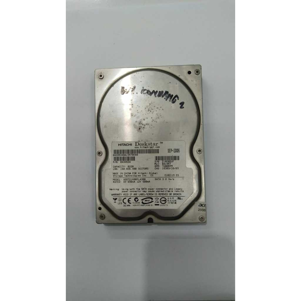 HARDDISK HDD 3.5 inch PC HITACHI 82GB HDS721680PLA380 SN Z1RE8DUF SATA STANDAR tebal (RUSAK) - ercom