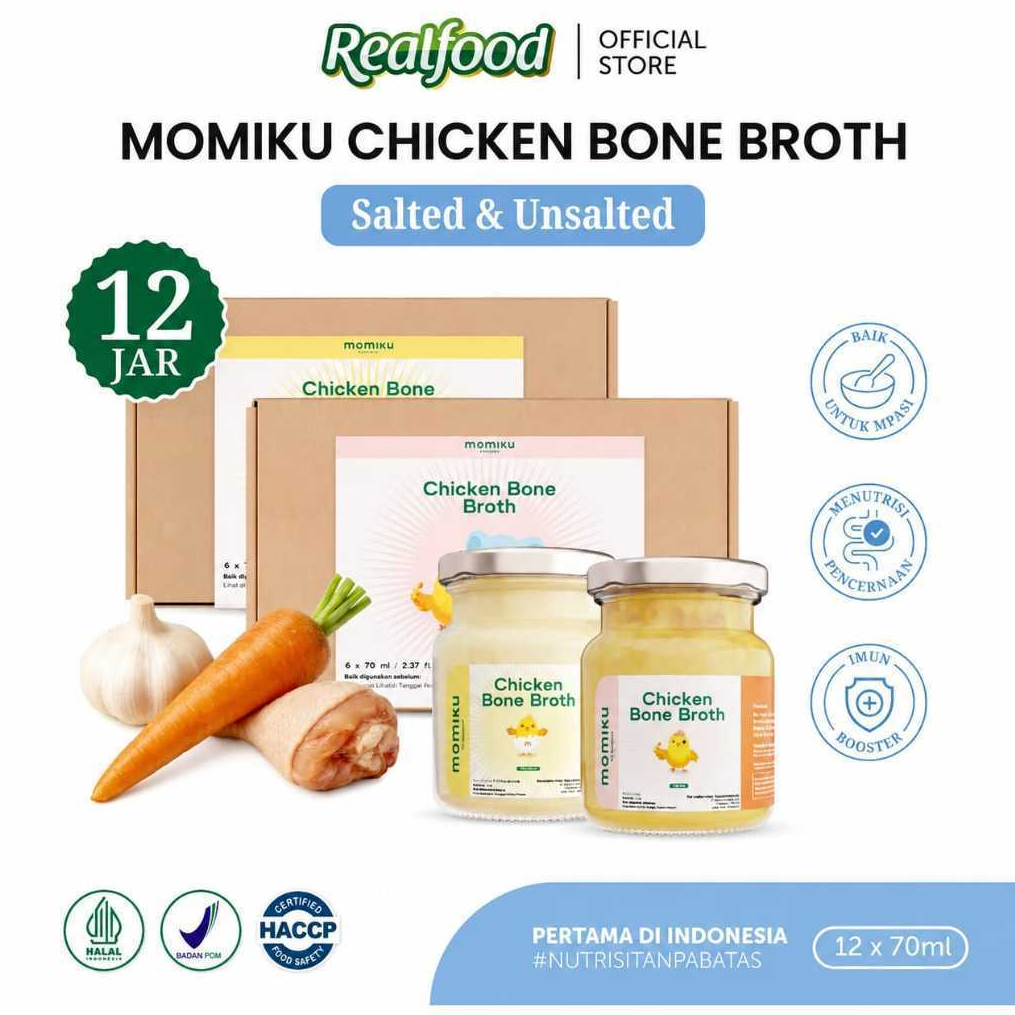 Realfood Momiku Chicken Bone Broth Rasa Salted & Unsalted ( Minuman Mpasi Sup Instant Kaldu Tulang A