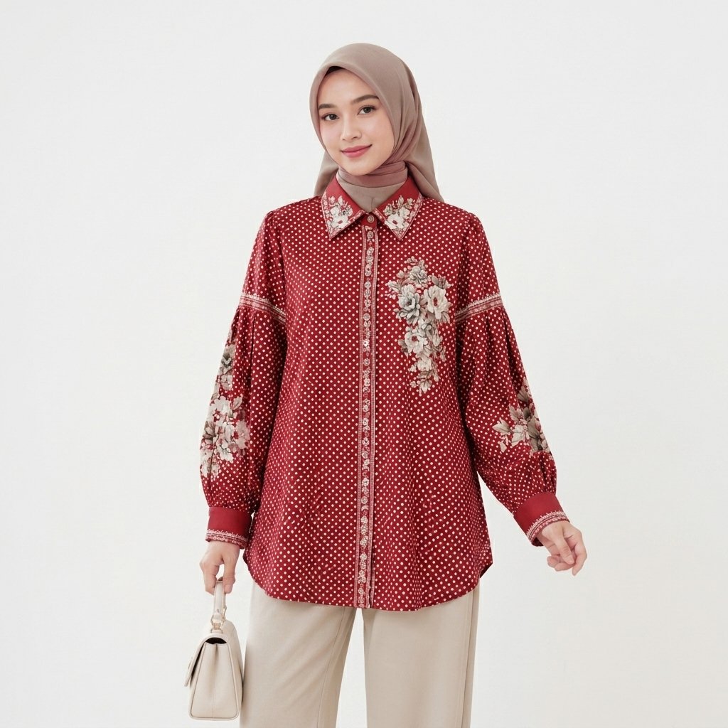 Netta Sunny Blouse Otara Maroon l Blouse Muslimah Merah Motif Bunga Dan Polkadot Dengan Kerah Dan Le