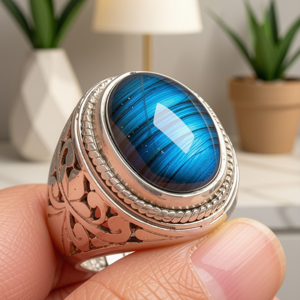 Cincin natural batu Labrador kerlap kerlip cantik Ring Alpaka super mewah permata 15