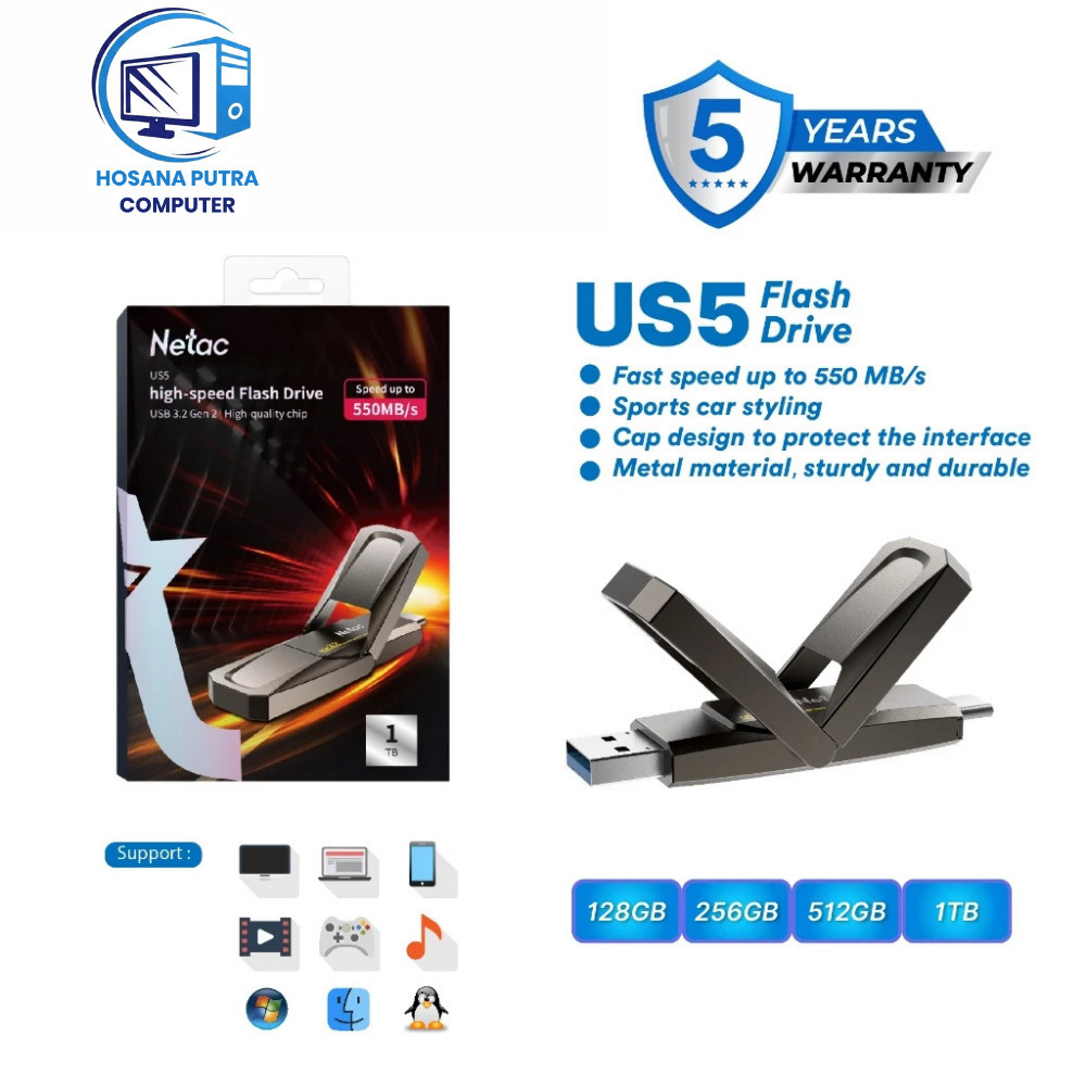 Netac OTG Flashdisk US5 / US9 USB 3.2 + Type C Solid State Flash Drive 128GB/256GB/512GB/1TB Dual Fl
