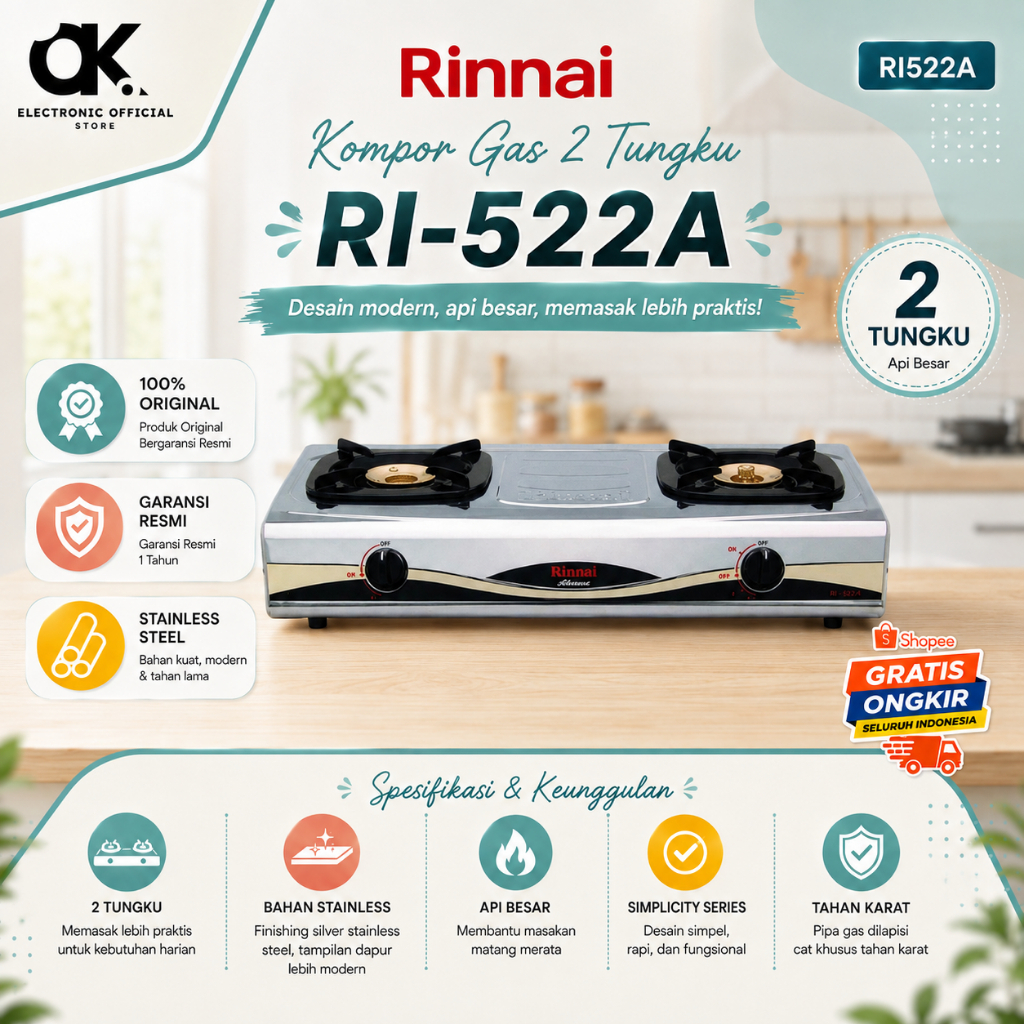 RINNAI KOMPOR GAS 2 TUNGKU RI-522 A/RI-522A/RI522A/RI 522A/RI 522 A/ORIGINAL RINNAI/GARANSI RESMI