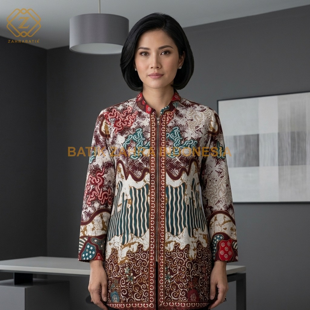 Batik Zahra-Tunik Wanita-Motif Arunaka-Warna Merah Maroon