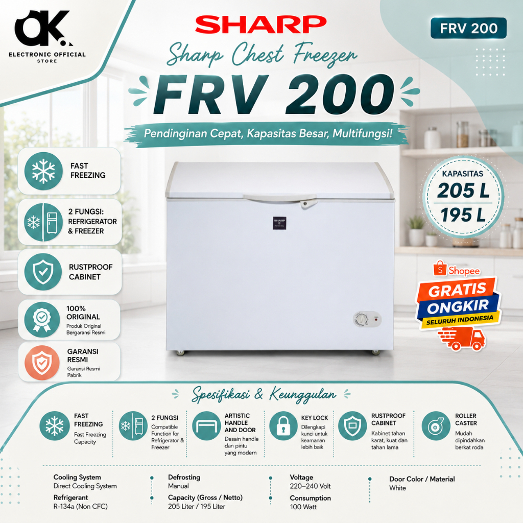 SHARP CHEST FREEZER FRV 200/FRV-200/FRV200/FRV 200/BOX CHILLER/SHARP CHEST FREEZER ORI