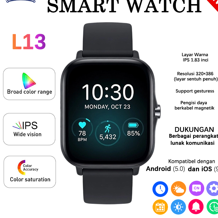 MARQ L13 Smartwatch Jam Tangan Pintar Layar IPS 1.83Inci Monitor Detak Jantung Langkah Kaki Olahraga