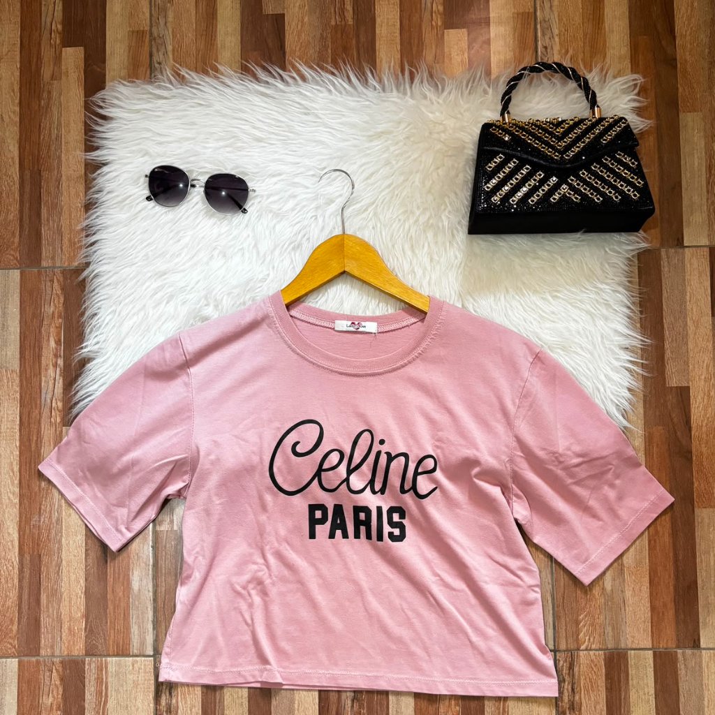 Kaos Wanita Pink Lengan Pendek Motif Celine Paris Crop Top Casual Preloved
