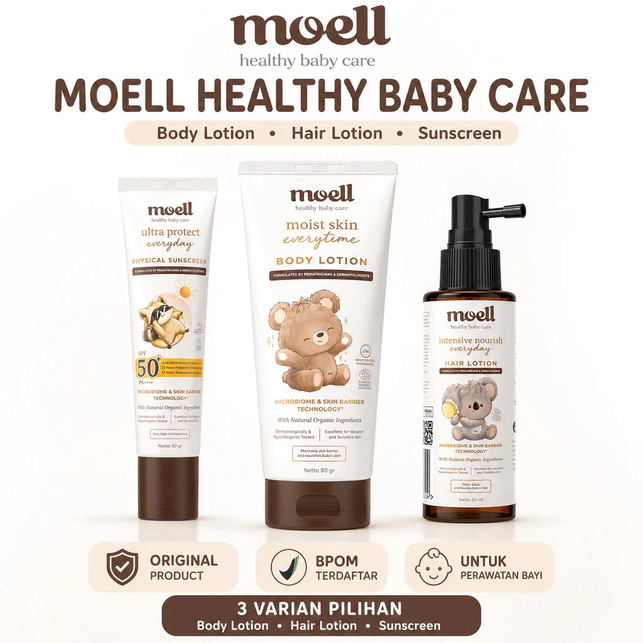 Moell Original Sunscreen Bayi SPF50+ 30gr | Body Lotion Bayi 80gr | Hair Lotion Bayi 50ml