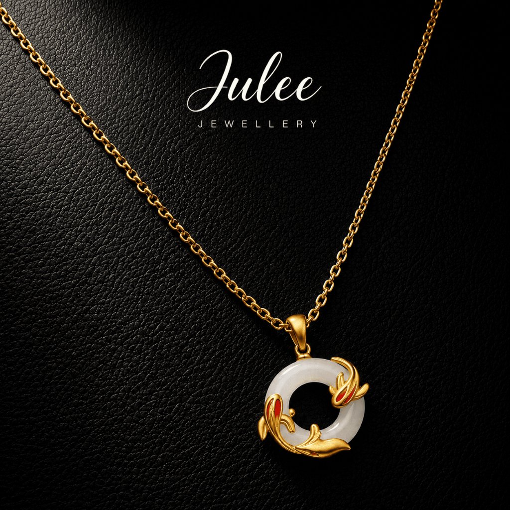 JULEE [18K/750 Emas Asli] Kalung Emas 18K Wanita 2.64g | Kalung Liontin Giok Hetian Motif Ikan Koi |