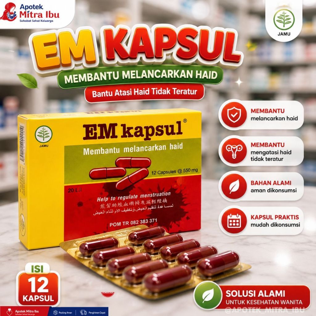 EM Kapsul Box Isi 12 Kapsul - Jamu Pelancar Haid Herbal EM Kapsul Pelancar Datang Bulan Sakit Perut 