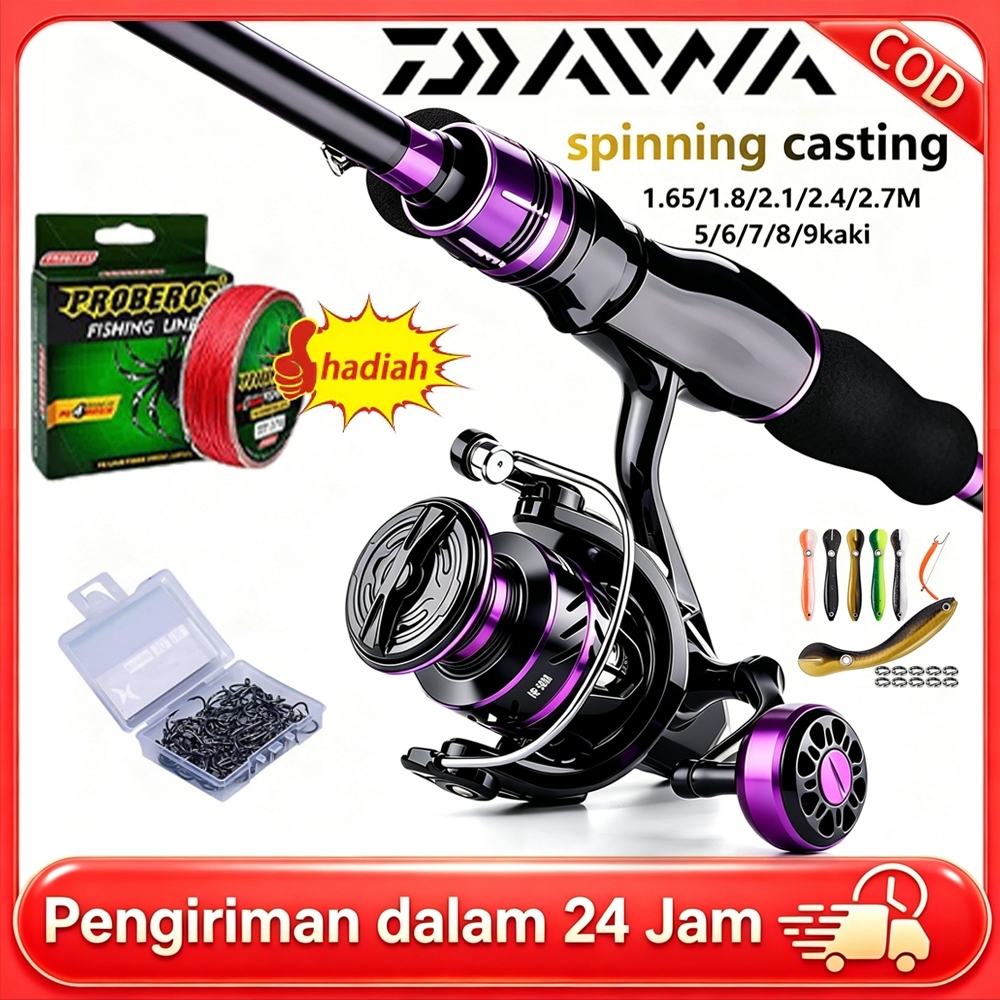 DAIWA Set Pancing Daido Serat Karbon Ultralight 1.6/1.8/2.1M Reel Spinning Lengkap 100M Senar + Umpa