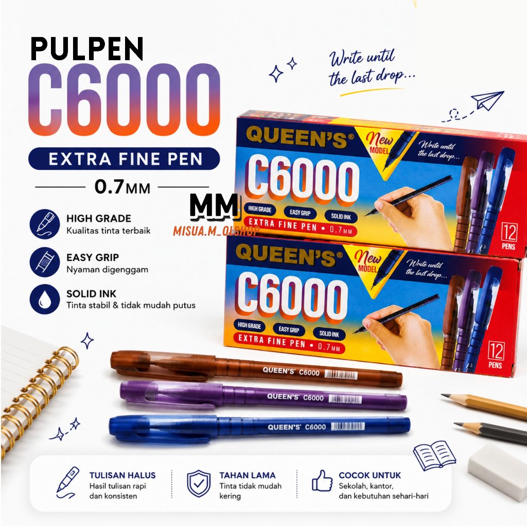 PULPEN FASTER QUEEN'S C6000 EXTRA PEN BOLPOIN FASTER PENA MURAH - WARNA HITAM (12PCS)