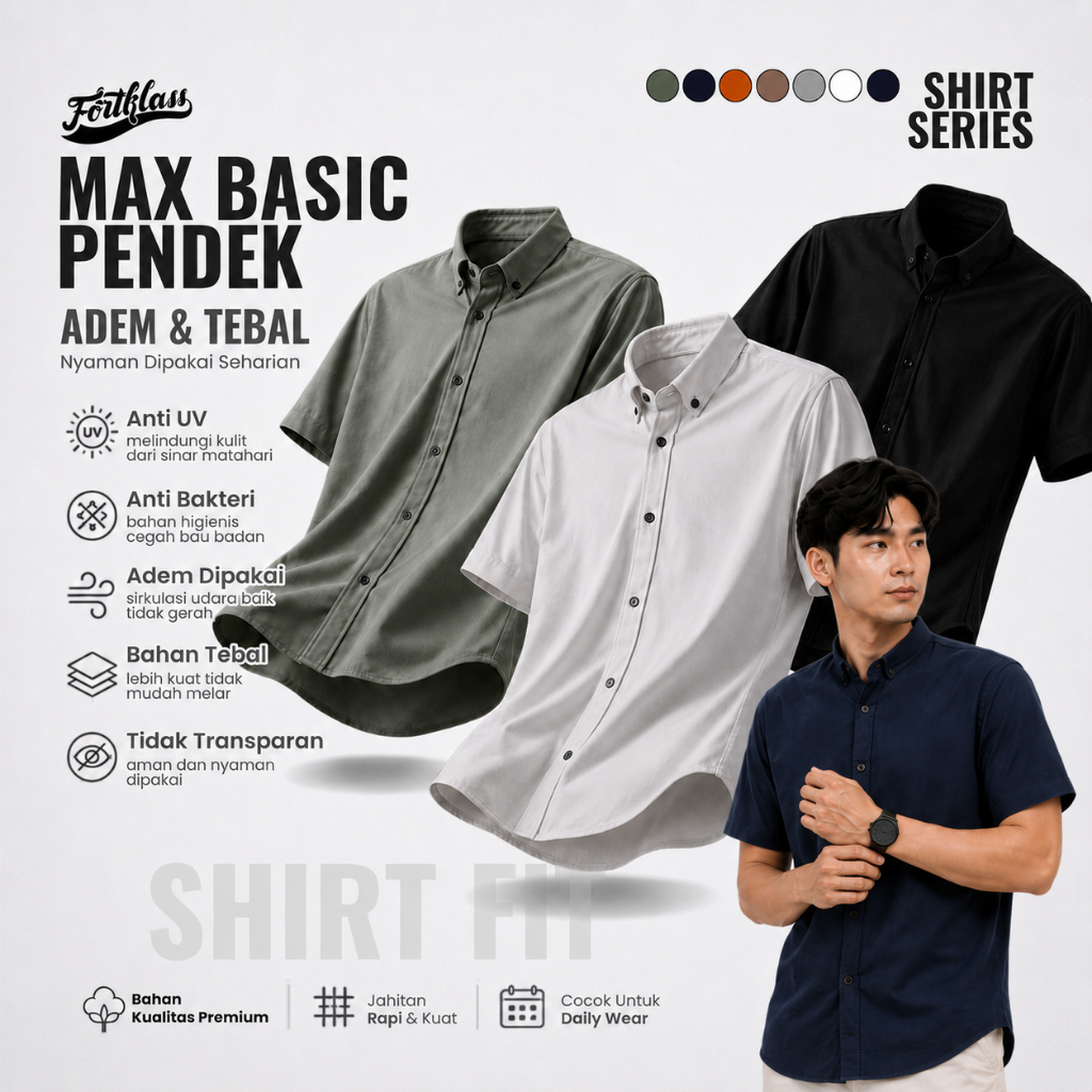 Fortklass Kemeja Max Kemeja Basic Pendek Polos Slimfit Kemeja Formal Basic Casual Lengan Pendek