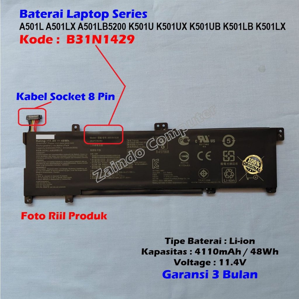 KODE B31N1429 BATERAI LAPTOP ASUS A501L A501LX A501LB5200 K501U K501UX K501UB K501LB K501LX